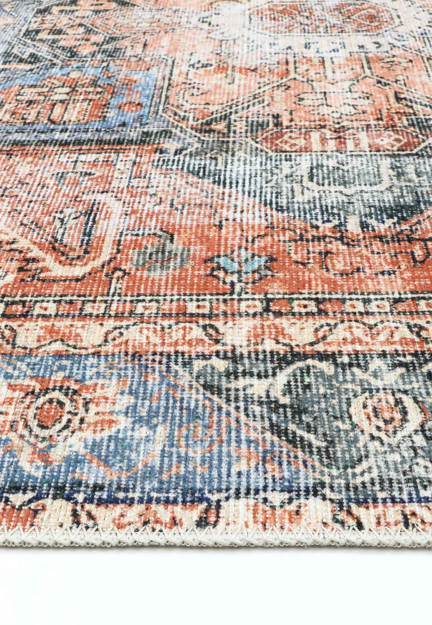 Distressed Vintage Cezanne Terracotta Blue Washable Runner - VITAL 1610-01