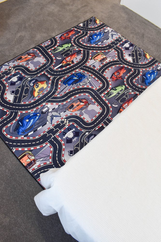 Race Track Blue Machine Washable Kids Mat