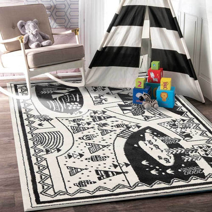 Piccolo Kids Camping Adventure Kids in Black and White Rug
