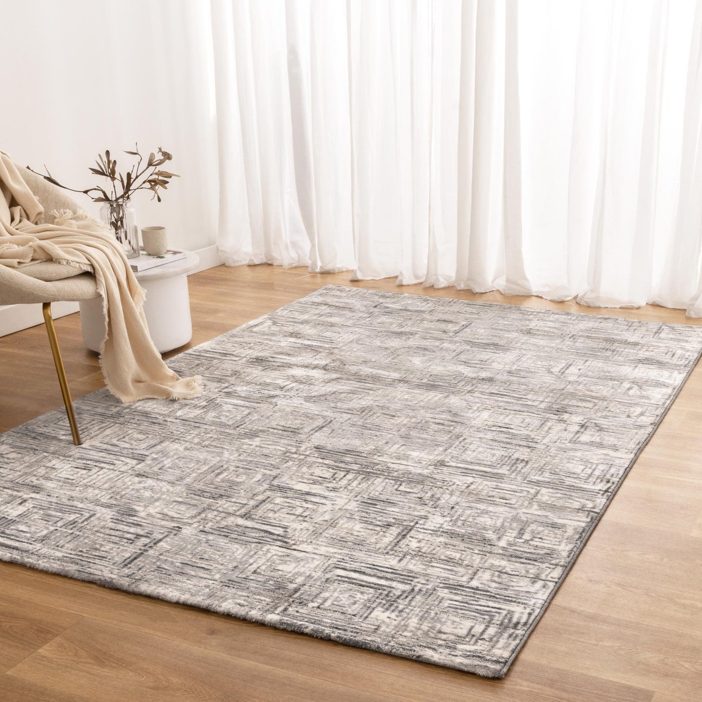 Atina Distressed Geo Squares Grey Colour Rug