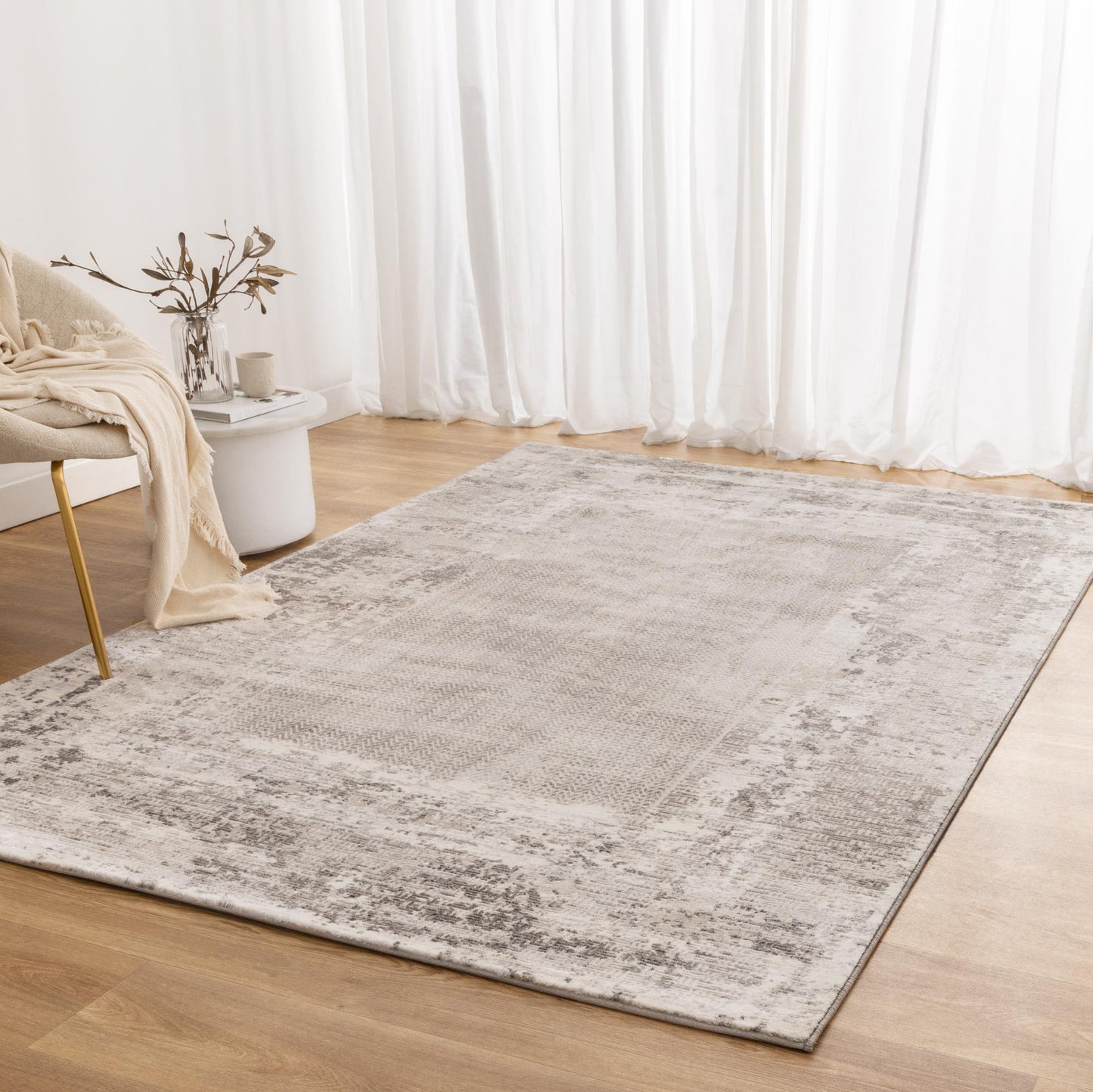 Atina Distressed Border Beige Grey Colour Rug