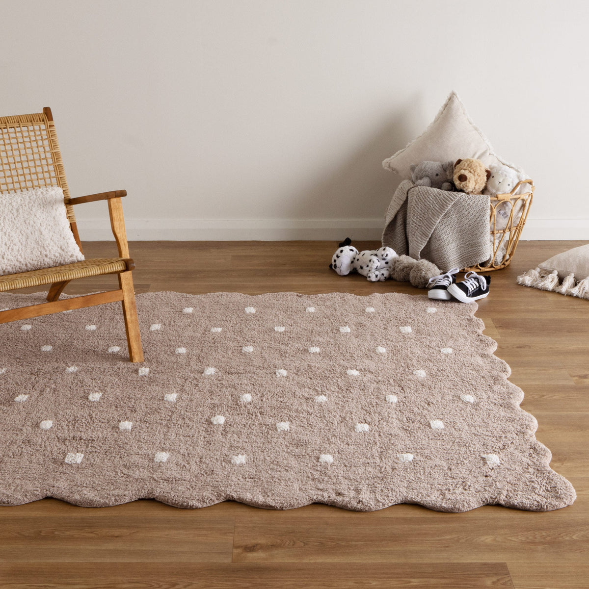 Mellow Rectangle Scalloped Kids Rug in Mushroom Beige Colour