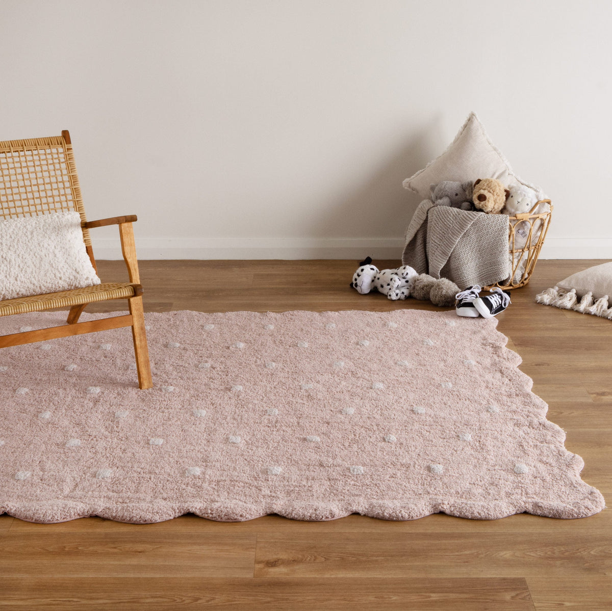 Mellow Rectangle Scalloped Kids Rug in Blush Pink Colour