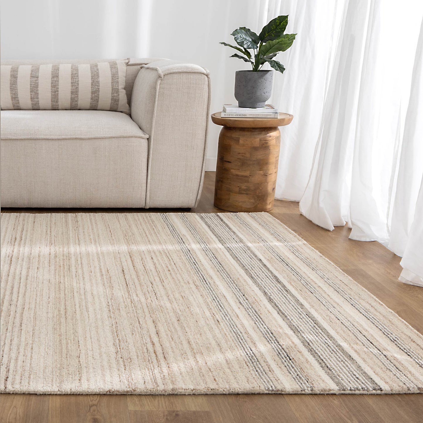 Praia Multi Stripe Beige Grey Wool Rug