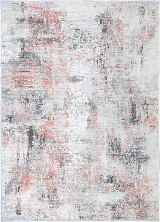 Abstract Celine Blush Rug with pink, grey, and cream abstract design made from soft cotton blend. Stain and water-resistant with NanoWipe technology, machine washable, and anti-allergen.