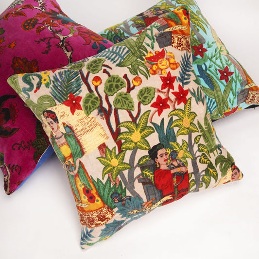 'Kahlo's Vibrant Palette' 100% Cotton Velvet Cushion Cover